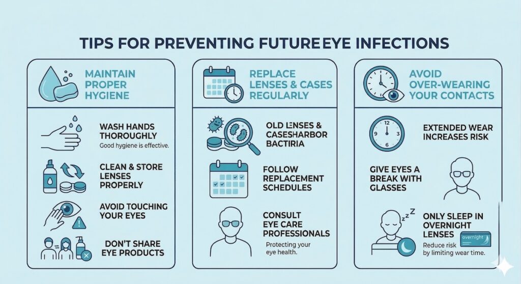 An infographic for tips for preventing future eye infections, including maintaining proper hygiene, replacing lenses regularly, and avoiding over-wearing your contacts.