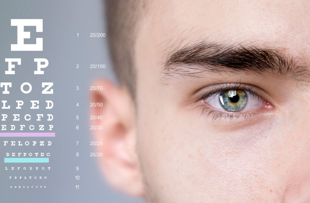 A close up of a person's eye with an eye chart beside, showing that 20/20 vision doesn't always mean healthy eyes.