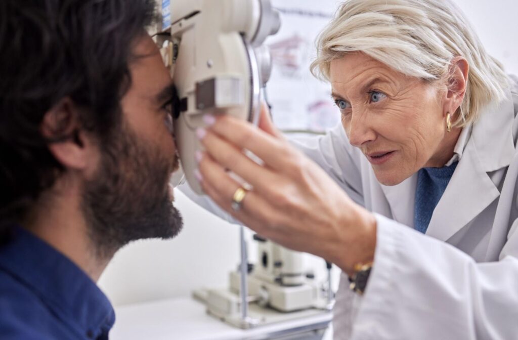 A person over the age of 40 getting a routine eye exam.