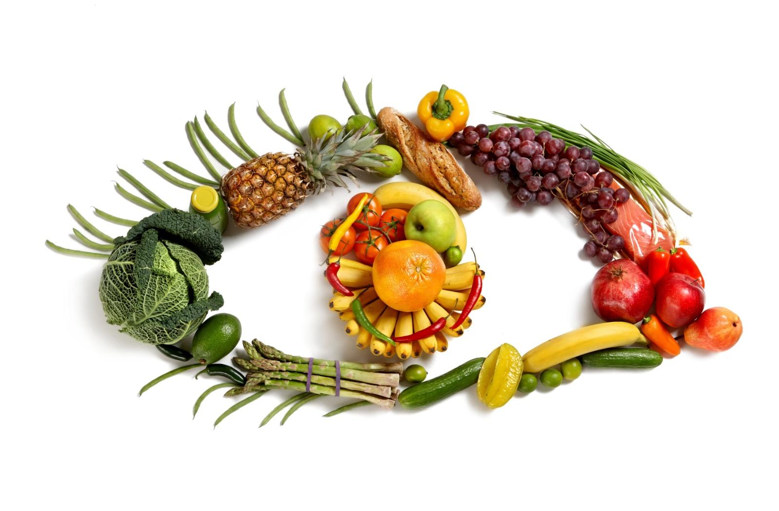 Healthy foods arranged in the shape of an eye.