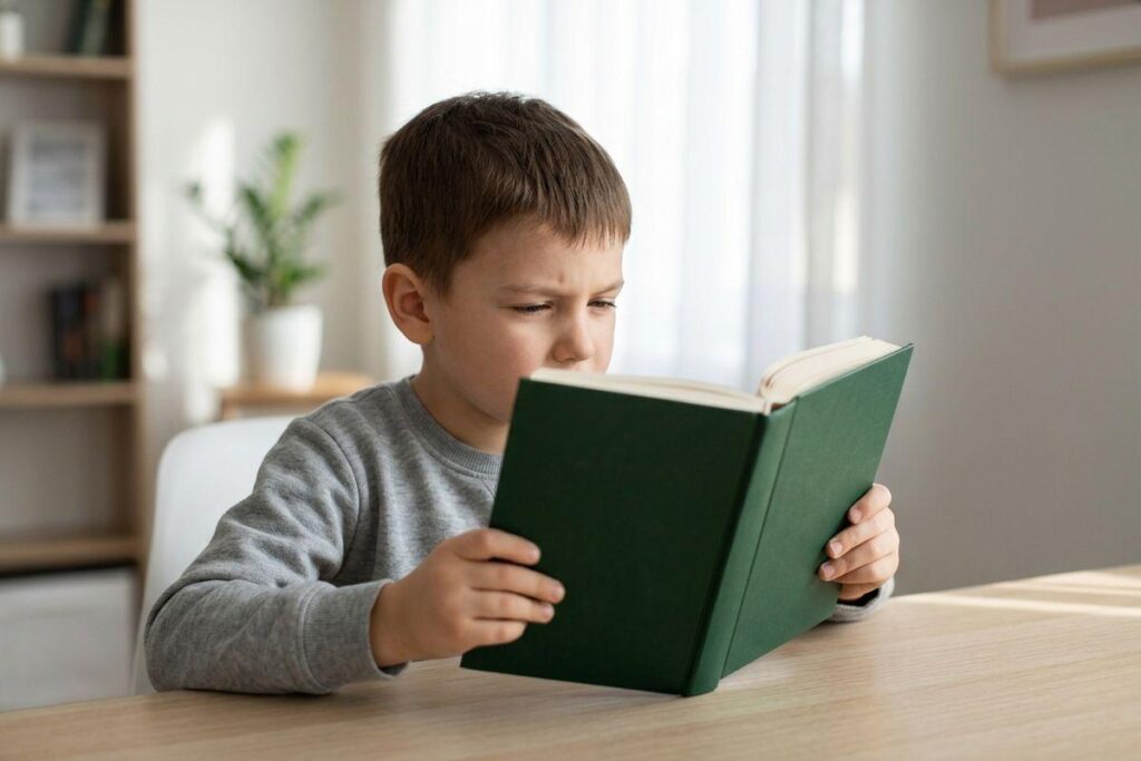 Child at a table squinting at a green book held close to their face.