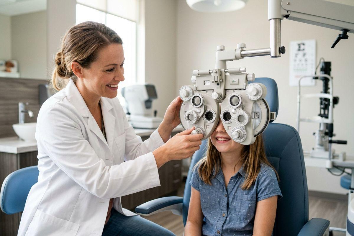 Optometrist smiling while a smiling child looks through a phoropter during an eye exam, with an eye chart on the wall.