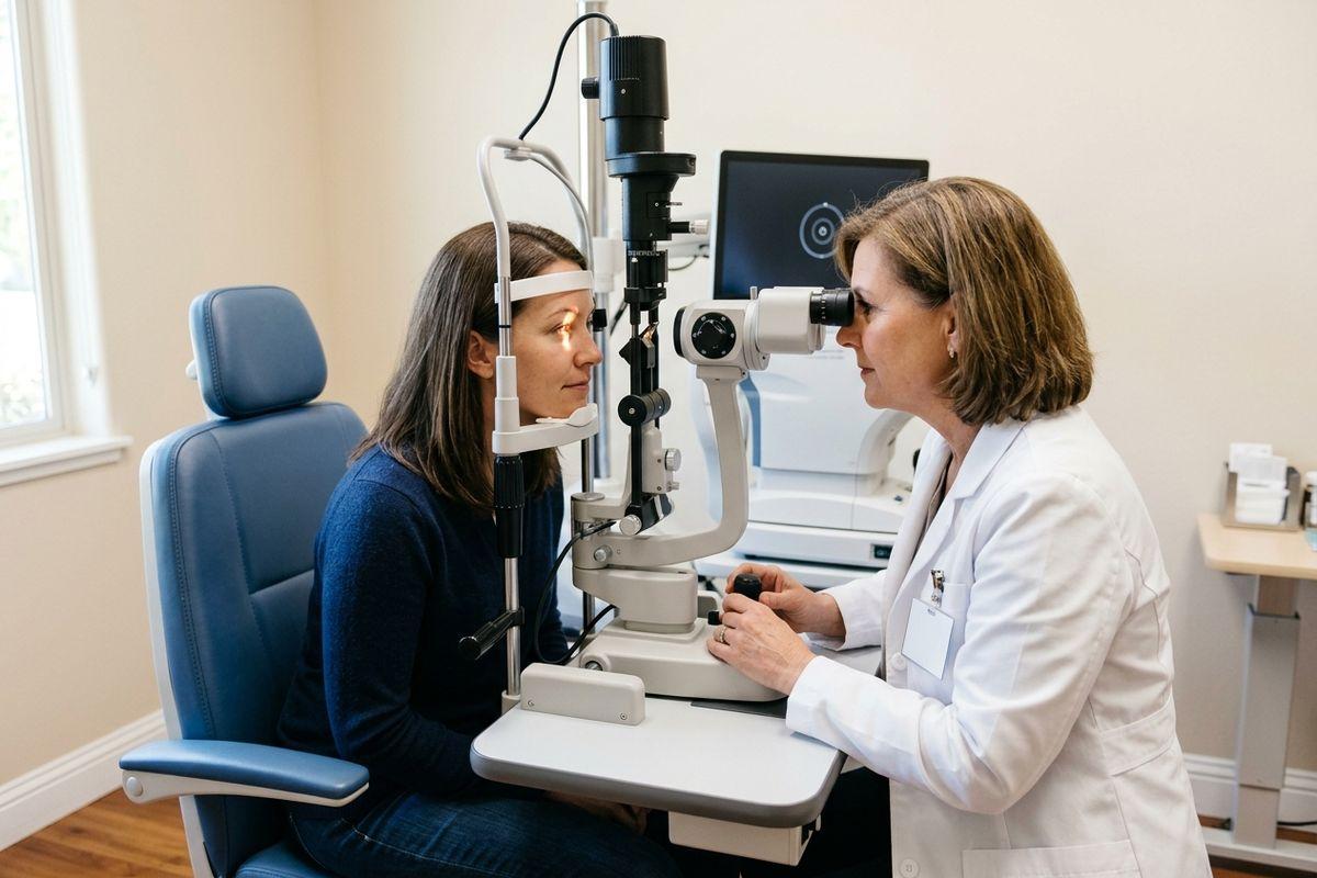Optometrist examines a patient's eyes using a slit lamp during an eye exam.