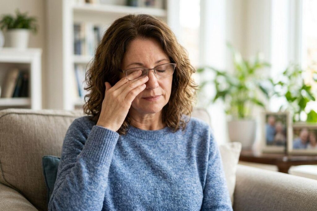 Person in glasses and blue sweater rubbing their eye while sitting on a couch at home.