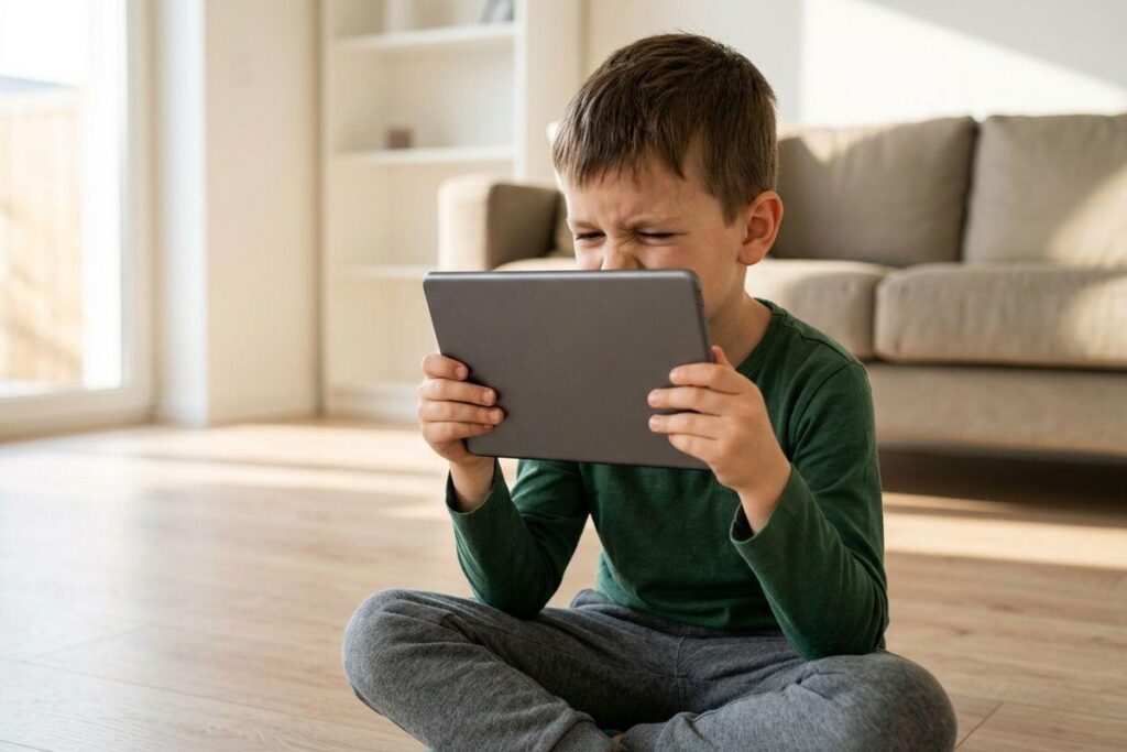 Child sitting cross-legged on floor, squinting while holding a tablet close to their face.