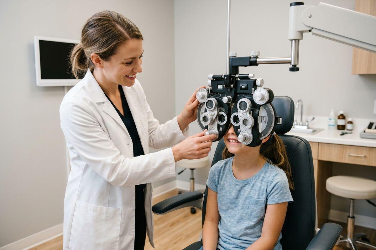 Optometrist adjusts a phoropter for a smiling child during an eye exam in an eye clinic.