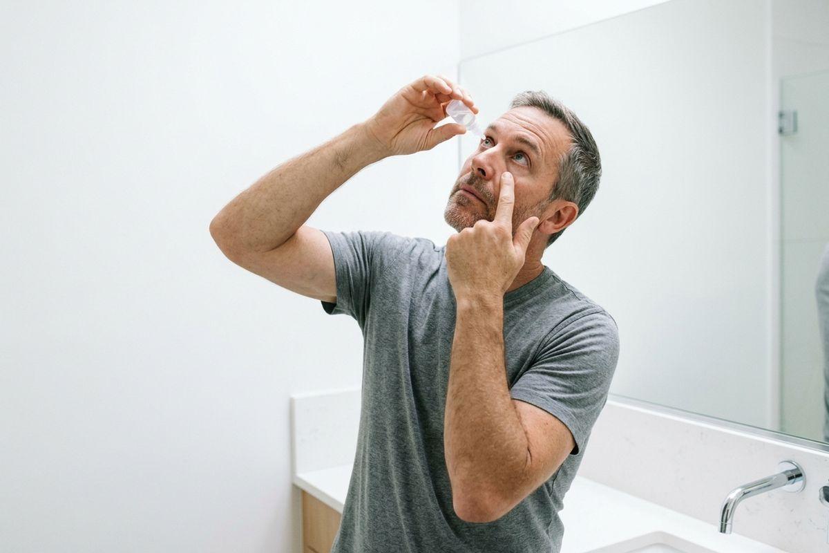 Adult applying eye drops into one eye while looking up, standing at a bathroom sink and mirror.