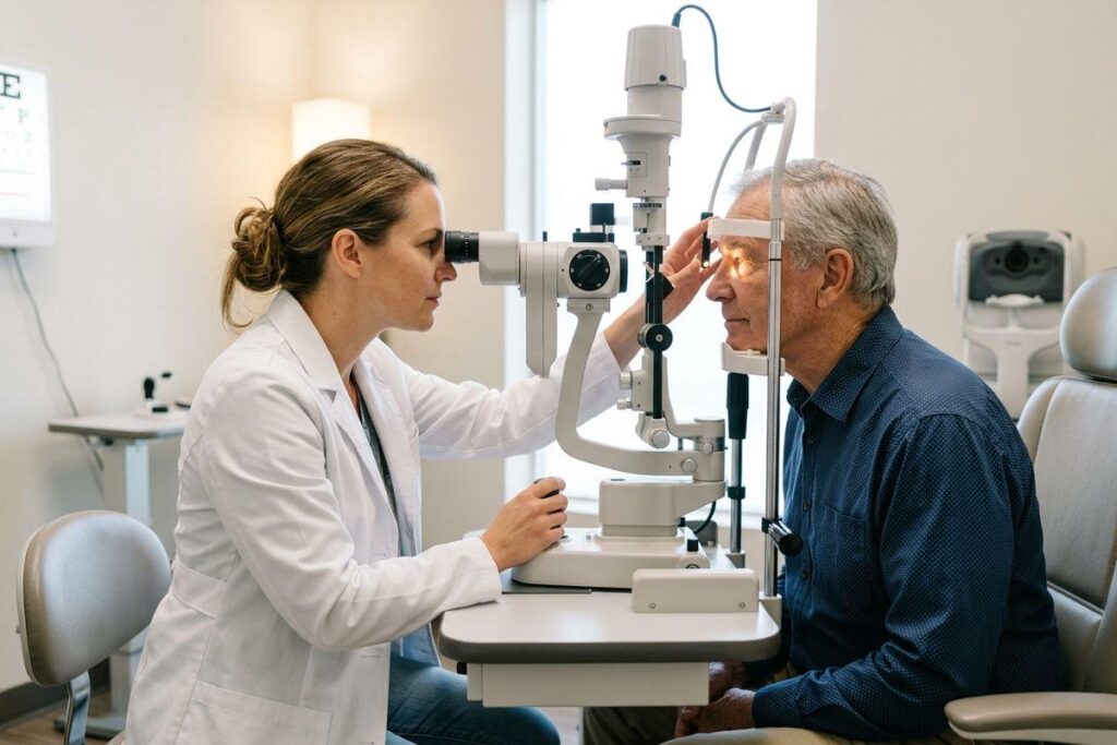 Optometrist examines an older adult's eyes using a slit lamp during an eye exam.
